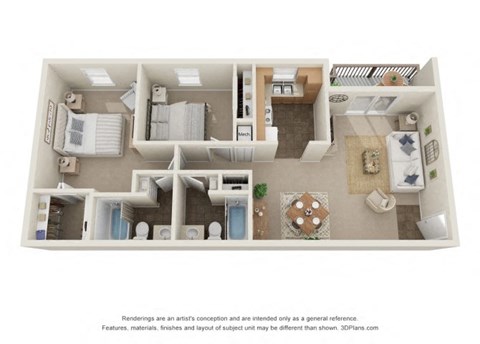 Floor plan for 2 beds, 2 baths, 1028 sqft